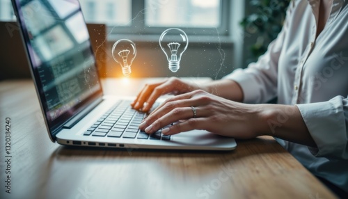 A double exposure image showcasing a woman's hands typing on a computer keyboard overlaying a light bulb drawing