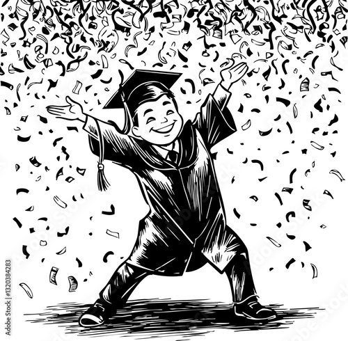 Celebration of graduation joyful student with cap confetti-filled environment artistic illustration