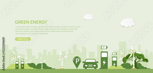 Green energy and electrical energy concept. Environmental conservation, electric Vehicle, sustainable resources, renewable energy, clean energy, green vector illustration.