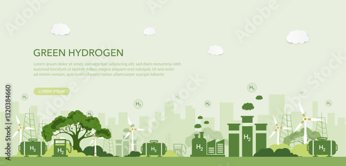 Green hydrogen energy concept, Environment, eco friendly industry and alternative energy. Reducing greenhouse gas emissions. Green vector illustration.