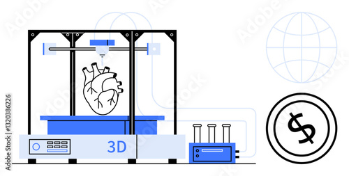 3D printer crafting human heart with dollar symbol and globe. Ideal for technology, innovation, healthcare, bioprinting, scientific research, future trends, investment. Flat simple metaphor