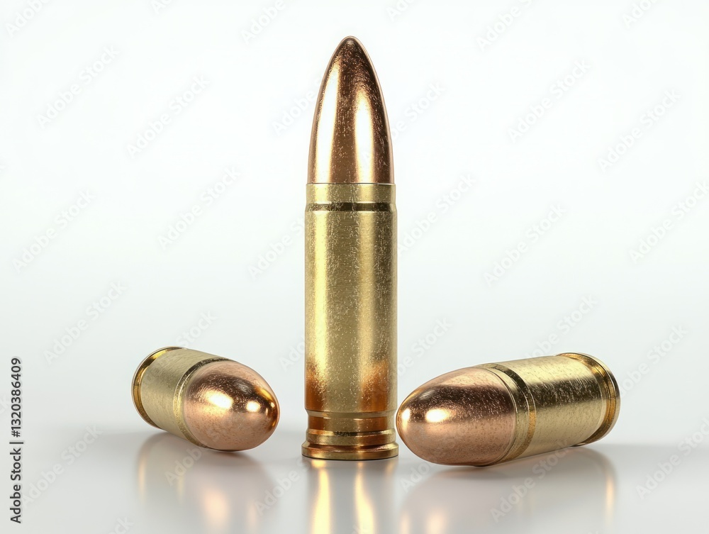 Realistic Bullet and Cartridge on Reflective Surface Realistic Bullet and Cartridge on Reflective Surface