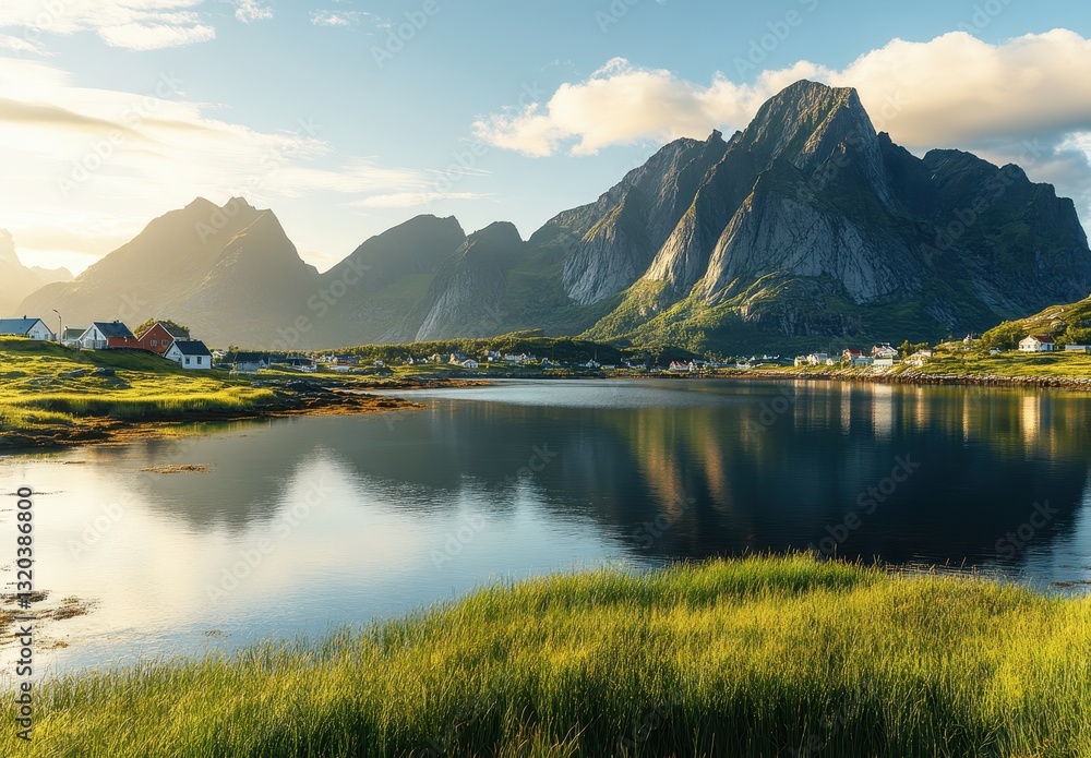 Naklejka premium Breathtaking landscape of mountains and serene lake reflecting vibrant sunlight in a tranquil Norwegian setting, showcasing natural beauty and peaceful scenery