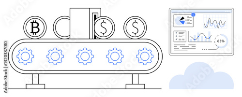 Conveyor belt converting cryptocurrency and dollar tokens, accompanied by analysis dashboard and cloud. Ideal for automation, fintech, cryptocurrency, financial tech, data analytics, cloud