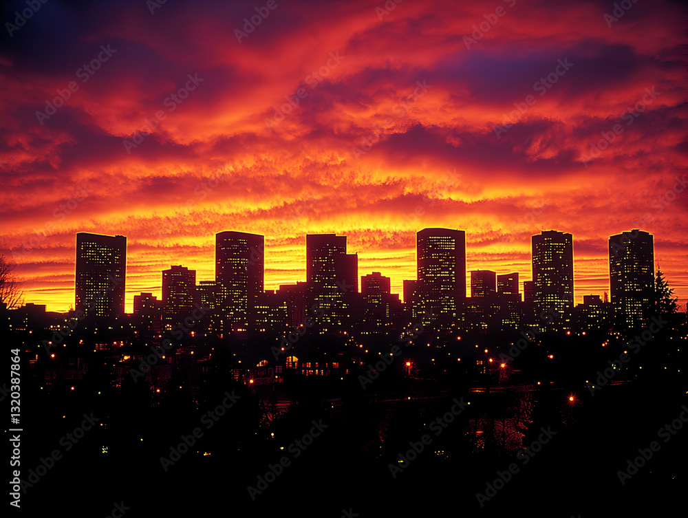 Obraz premium City skyline at fiery sunset