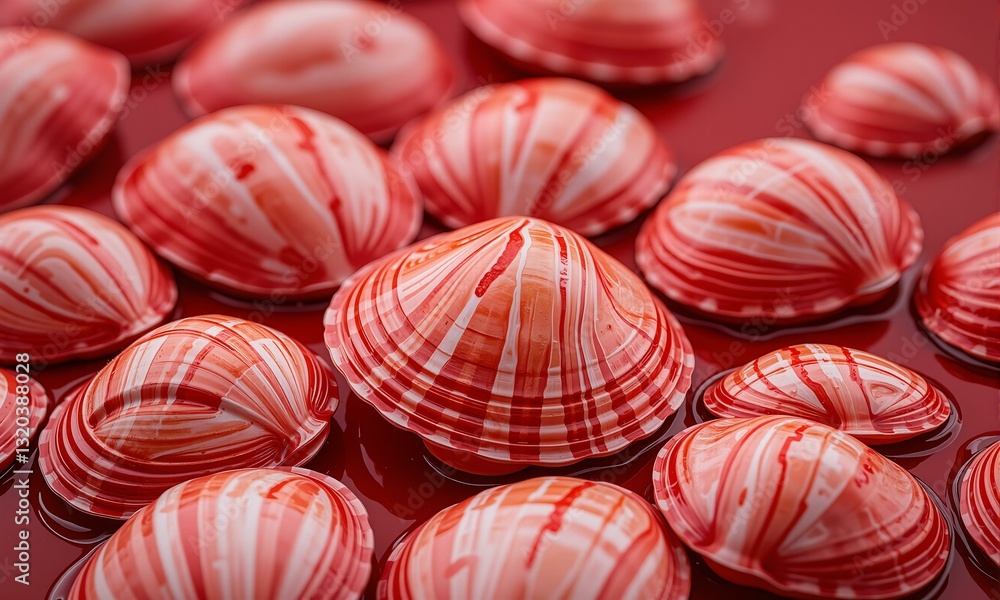 Obraz premium Several striped shells on red background.