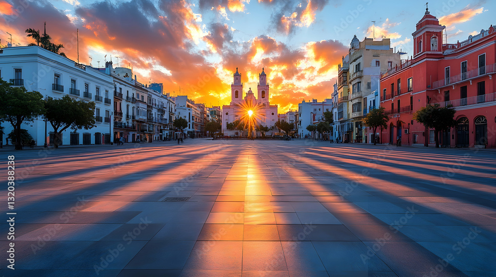 Naklejka premium City square at sunset, vibrant colors
