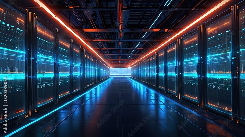 A Journey Into The Heart Of Digital Innovation, A Futuristic Server Room Bathed In Vibrant Blue And Orange Neon Light A Journey Into The Heart Of Digital Innovation, A Futuristic Server Room Bathed In Vibrant Blue And Orange Neon Light