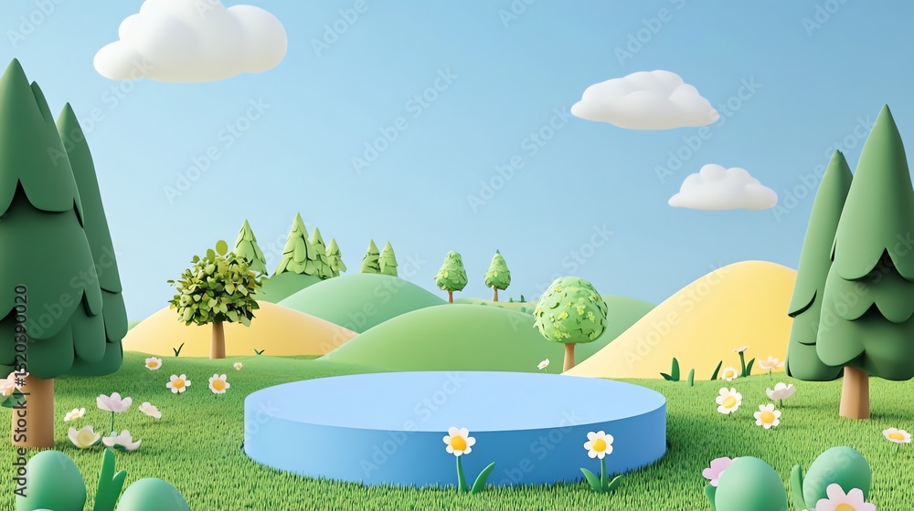 Naklejka premium Cartoon Meadow with Blue Podium and Green Trees Under Cloudy Sky
