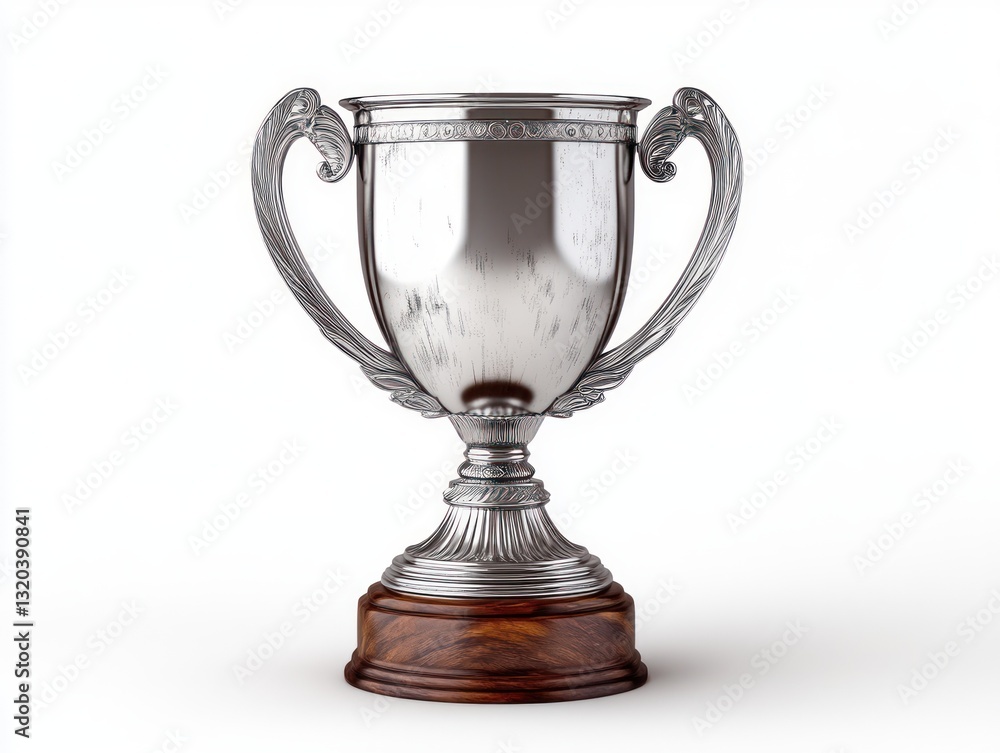 Hyper-realistic silver trophy cup with wooden base isolated on white background Hyper-realistic silver trophy cup with wooden base isolated on white background