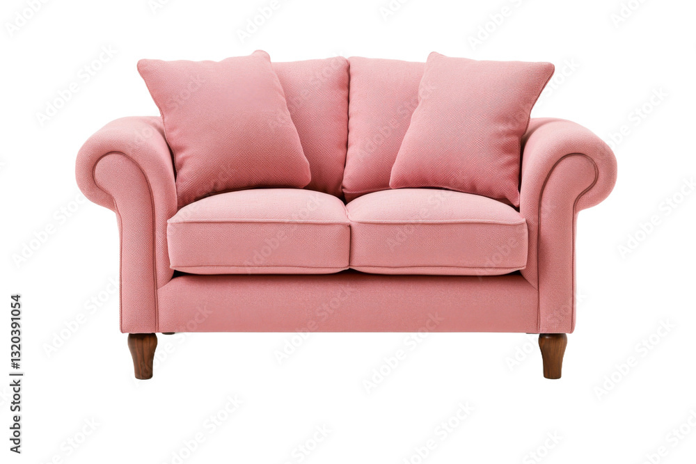Fototapeta premium Elegant pink love seat with three cushions and wooden legs isolated on transparent background (PNG)