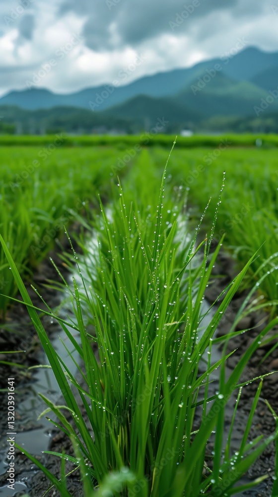 Obraz premium Dew-kissed rice paddy rows, misty mountains in the distance