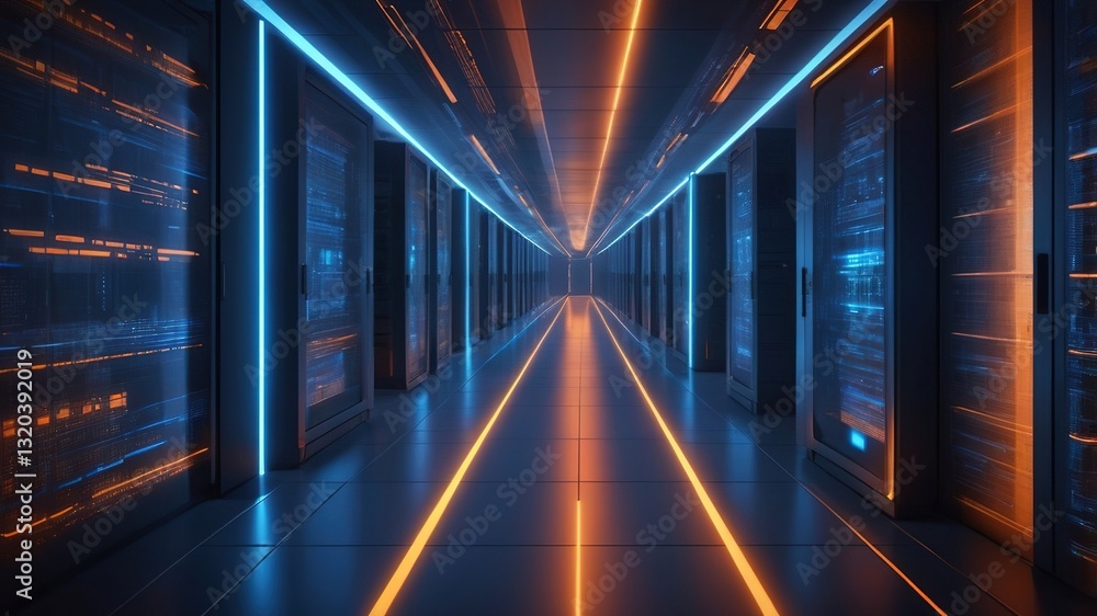 Fototapeta premium A Mesmerizing Digital Corridor Pulsating With Vibrant Blue And Orange Energy, A Futuristic Network Heart Beating With Data