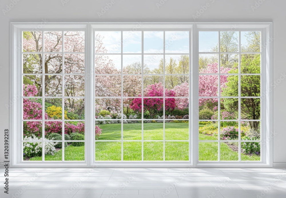 Naklejka premium Bright and Lush Spring Garden View Through Large Windows Framed by Fresh Blossoms and Vibrant Greenery in a Modern Indoor Setting