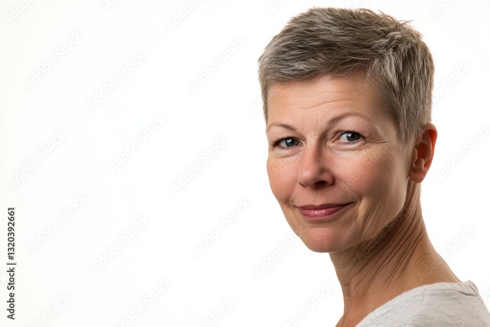 Professional portrait of an empathetic person with short hair on a clean white background Professional portrait of an empathetic person with short hair on a clean white background