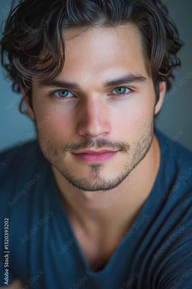 Portrait of a young Caucasian man with wavy hair and a beard, looking directly into the camera with an intense expression. Portrait of a young Caucasian man with wavy hair and a beard, looking directly into the camera with an intense expression.