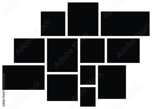 12 Asymmetrical Photo Collage Grid Frame Web Layout. grid collage template for picture album presentation. interior photo presentation by collage.