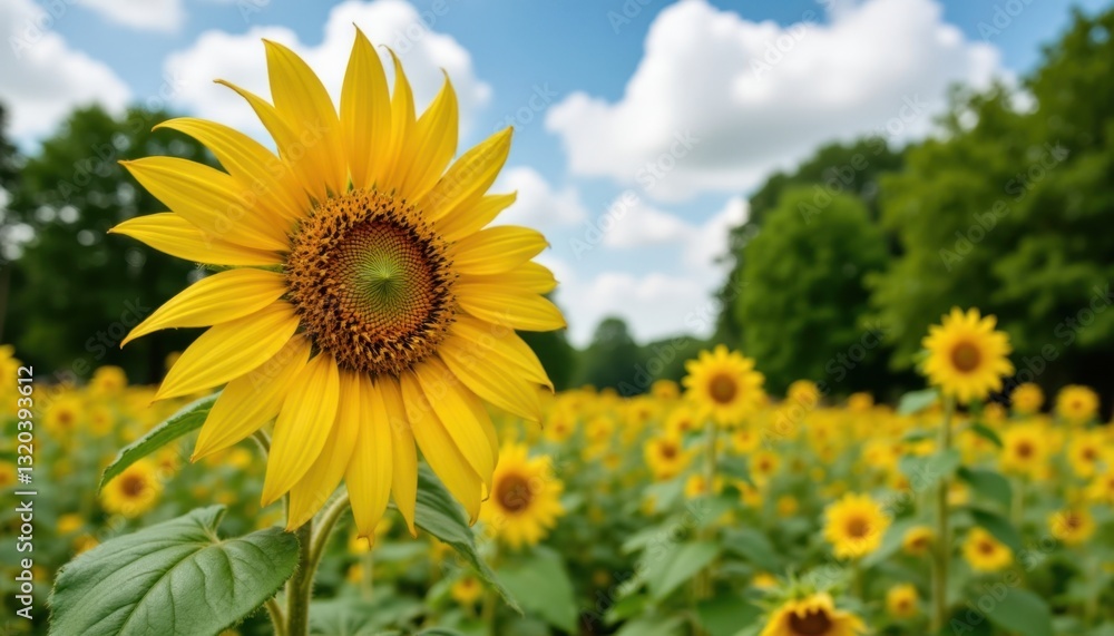 A bright yellow sunflower with its large petals reaching towards the sky, contrasting against the lush green backdrop of a summer meadow, showcasing nature's vibrant beauty. A bright yellow sunflower with its large petals reaching towards the sky, contrasting against the lush green backdrop of a summer meadow, showcasing nature's vibrant beauty.