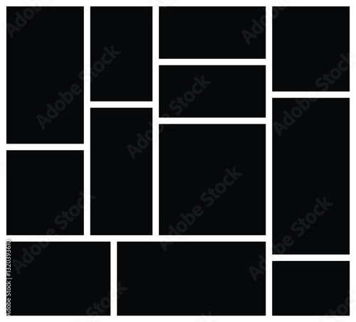12 Empty Collage Photo Template with Geometric Grid. Versatile Picture Frame Layout for Photo Montage. background and rectangle shape for moodboard. Texture pattern for picture display presentation.
