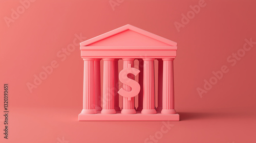 pink bank building with columns and dollar sign symbolizes finance and capital