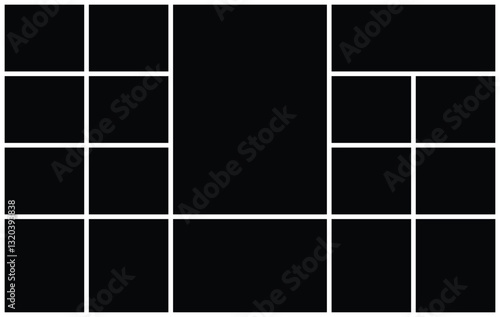 17 Empty Collage Photo Template with Geometric Grid. Versatile Picture Frame Layout for Photo Montage. background and rectangle shape for  moodboard. Texture pattern for picture display presentation.