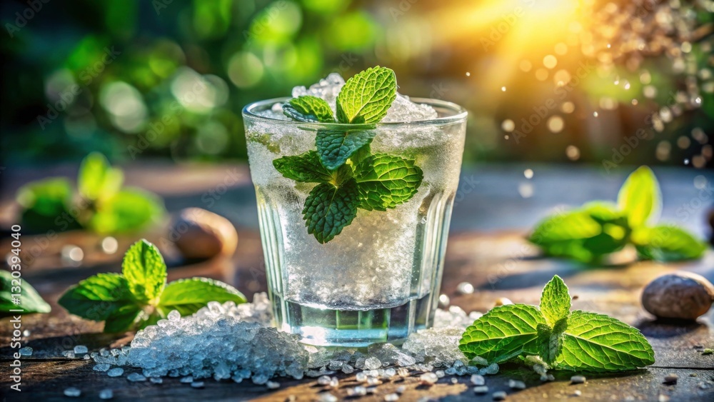 Refreshing Mint Cocktail with Bubbles and Natural Light Effects Refreshing Mint Cocktail with Bubbles and Natural Light Effects