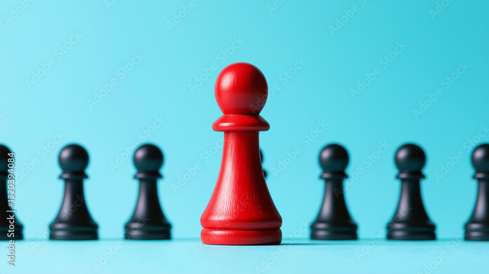 red pawn stands out among black pawns on blue background, symbolizing uniqueness and strategy red pawn stands out among black pawns on blue background, symbolizing uniqueness and strategy