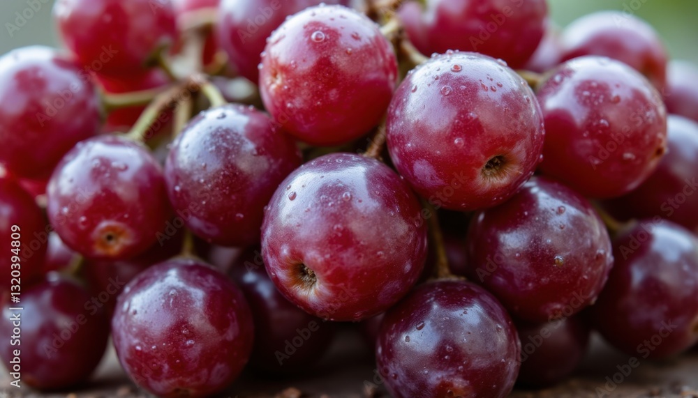 The closeup photo showcases a bunch of juicy grapes, glistening with dew drops under the sunlight, revealing their vibrant purple hue and plump, succulent texture. The closeup photo showcases a bunch of juicy grapes, glistening with dew drops under the sunlight, revealing their vibrant purple hue and plump, succulent texture.
