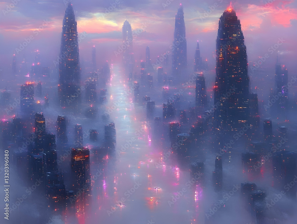 Fototapeta premium Futuristic Cityscape, Misty Dawn
