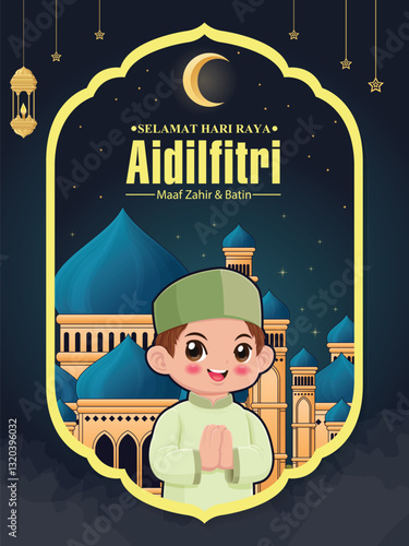 Hari Raya Aidilfitri background design with Mosque. Malay means Fasting day celebration, I seek forgiveness, physically and spiritually.