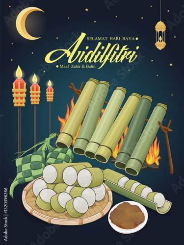 Hari Raya Aidilfitri background design with ketupat, lemang. Malay means Fasting day celebration, I seek forgiveness, physically and spiritually.