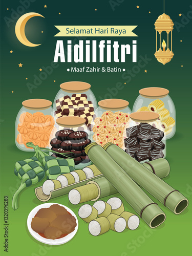 Hari Raya Aidilfitri background design with ketupat, lemang. Malay means Fasting day celebration, I seek forgiveness, physically and spiritually.