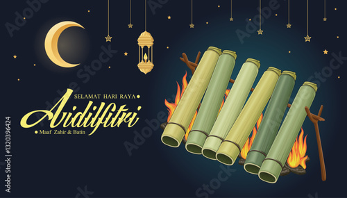Hari Raya Aidilfitri background design with ketupat, lemang. Malay means Fasting day celebration, I seek forgiveness, physically and spiritually.