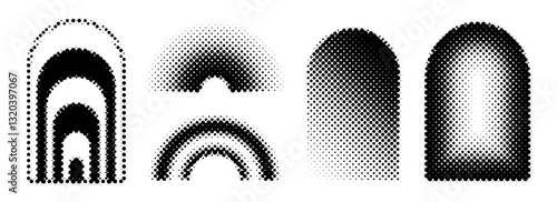 Black halftone arch set. Different pixelated gradient arc collection. Dotted pop art curve element bundle for collage, graphic design template, banner, poster. Vector comic bitmap warp pack