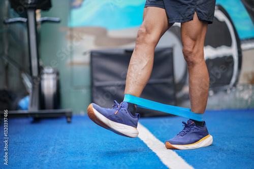 A man doing physical exercises with rubber band raise up leg in gym.