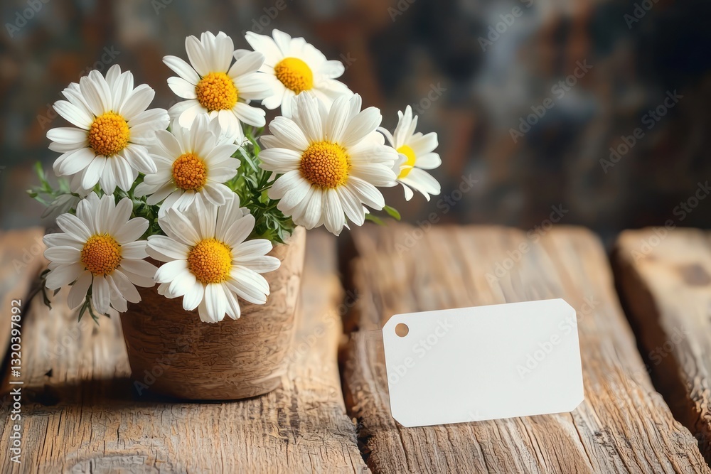 Obraz premium Daisy Flowers with Blank White Tag on Wooden Table