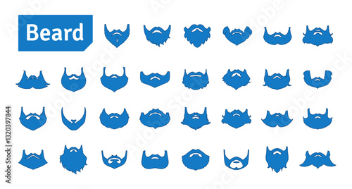 Blue Beard Vector Set. Barbershop and Haircut Graphic Collection. Vector Set of Dress Up Constructor. Hipster Men Style Creation Kit Elements.
