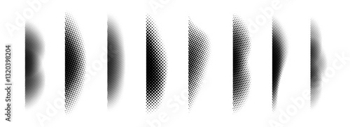 Halftone shadow set. Black dotted gradient stripe collection. Vertical pixel grain line patterns. Half tone textured shade pack for divide and separate. Vector noise dots and particles elements