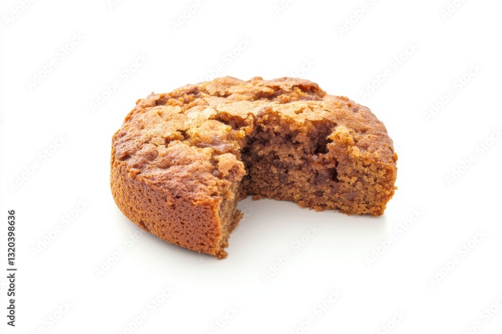 Delicious coffee cake with a bite taken out, displayed on a clean white background Delicious coffee cake with a bite taken out, displayed on a clean white background