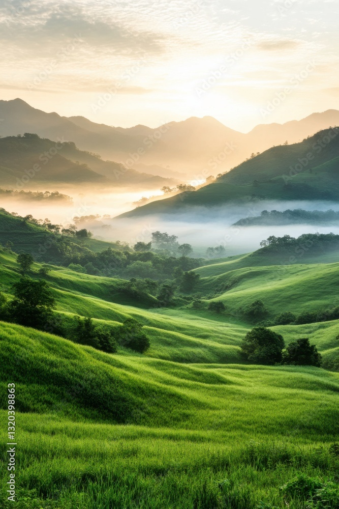 Lush green hills enveloped in soft clouds at sunrise in a serene landscape Lush green hills enveloped in soft clouds at sunrise in a serene landscape