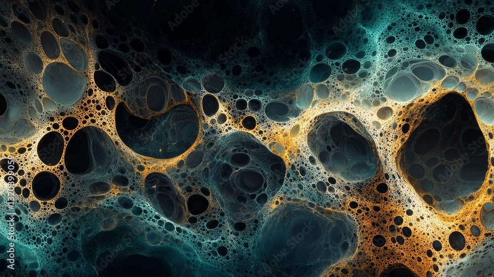 Abstract patterns of bronze and teal particles, intricate and surreal against black Abstract patterns of bronze and teal particles, intricate and surreal against black