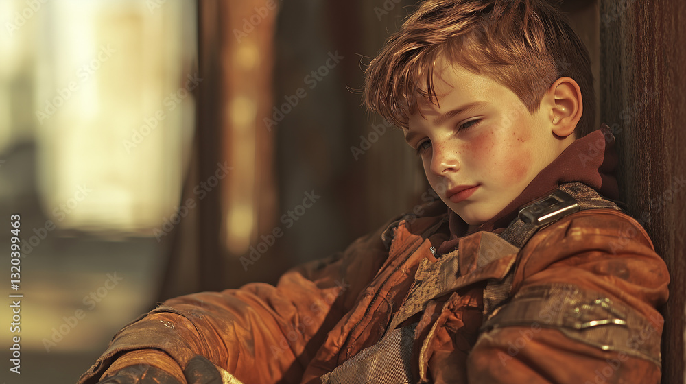 Fototapeta premium A boy in a worn jacket leans against a wall, thoughtfully closing his eyes