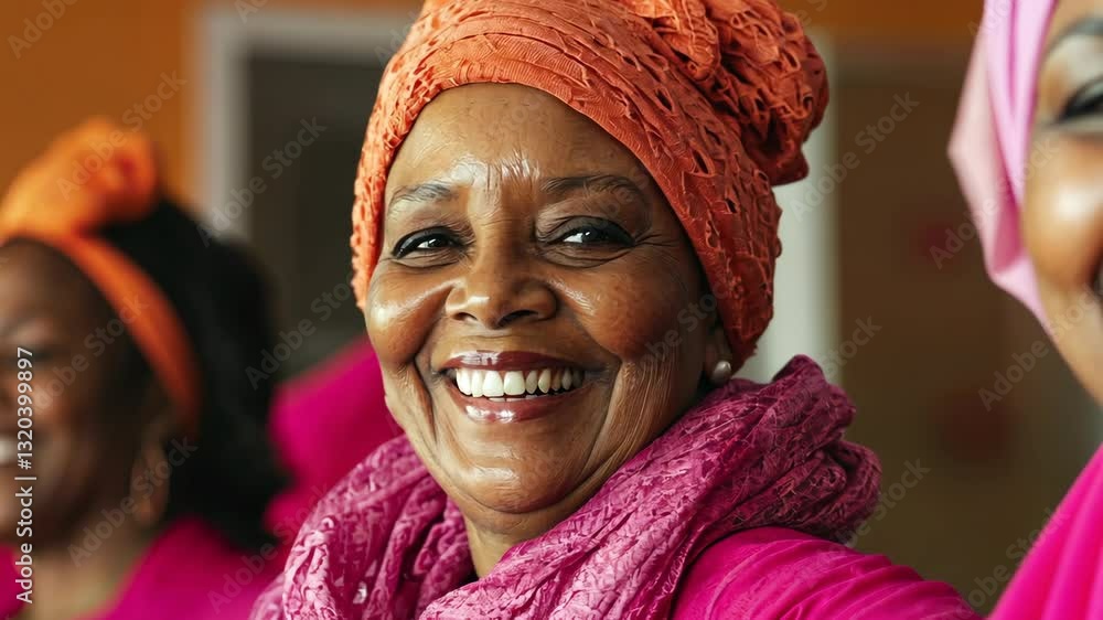 Smiling woman wearing colorful headwrap and scarf enjoys lively cultural gathering with friends Smiling woman wearing colorful headwrap and scarf enjoys lively cultural gathering with friends