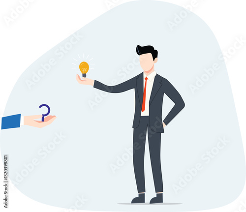 Question answer, advice or suggestion, solving problem with solution, q and a or faq, quiz or solution discovery, information guidance concept, businessman offer solution for people question marks.