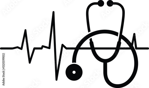 Stethoscope with heart pace line illustration. Stethoscope and a silhouette of the heart and ECG.