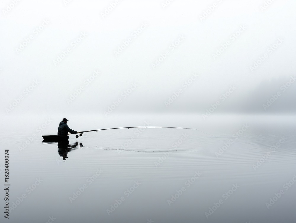 Fototapeta premium A serene silhouette of a fisherman casting a line in a foggy lake at dawn.