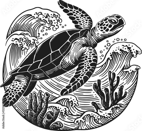 sea turtle engraving black and white outline. a silhouette line art of a swimming turtle on water. sea turtle engraving black and white outline.