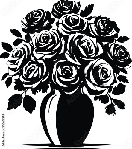 Roses in a flower tab vector style silhouette. Bunch of black silhouette rose flower. Rose in vase silhouette vector.