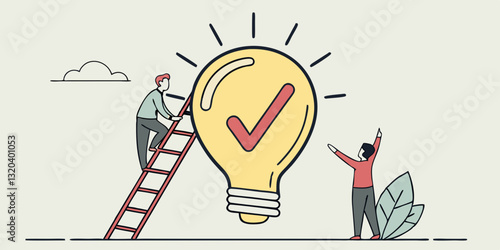 3D vector Yellow light bulb with red correct mark verify isolated on pastel background. startup icreativity idea technology innovation vision combine investment concept. 3d render illustration