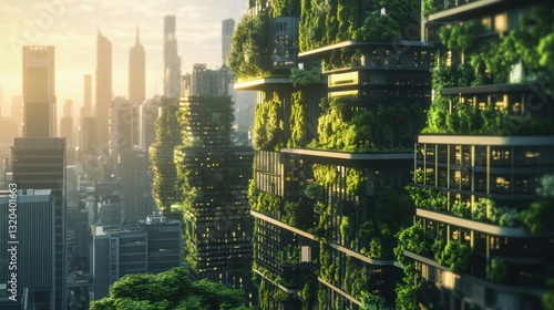Lush, vertical city garden rising above urban skyline.  Modern, sustainable high-rise buildings with abundant greenery cover exterior walls, creating a vibrant